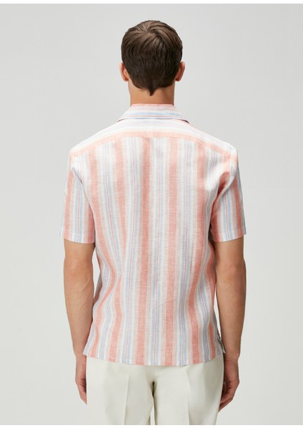 Somon Çizgi Desenli Keten Gömlek fırsatları