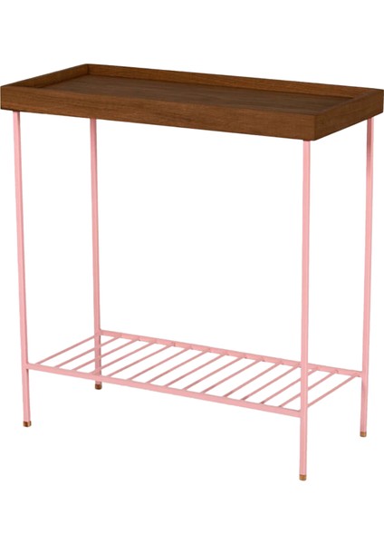 Edge Pembe Metal Ayaklı Kahverengi Masif Ahşap Yan Sehpa Saksılık