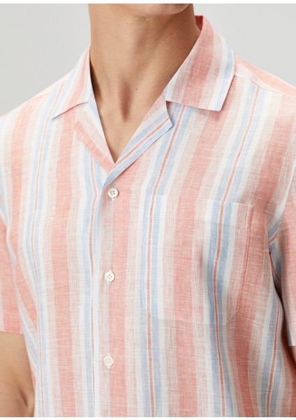 Somon Çizgi Desenli Keten Gömlek indirimleri