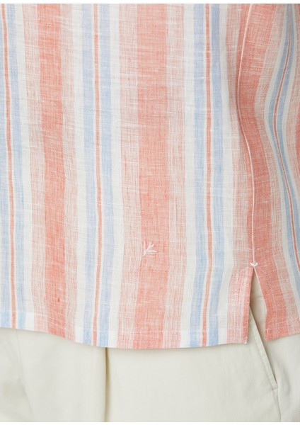 Somon Çizgi Desenli Keten Gömlek