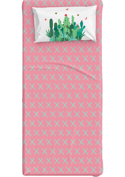 Cactopia Pembe Mint Pamuk Saten Unisex Çocuk Çarşaf Seti 90 x 190 cm