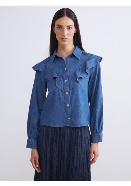 Yeni Sezon Fırfırlı Kadın Jean Gömlek