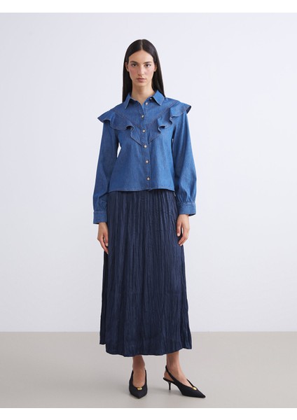 Yeni Sezon Fırfırlı Kadın Jean Gömlek fiyatları