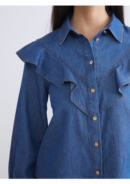 Yeni Sezon Fırfırlı Kadın Jean Gömlek modelleri