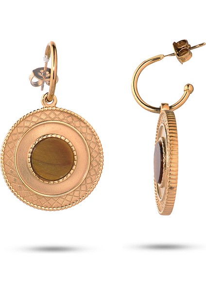 Tiana Kahverengi Doğal Taşlı 14 Ayar Altın Kaplama Çelik Kadın Küpe