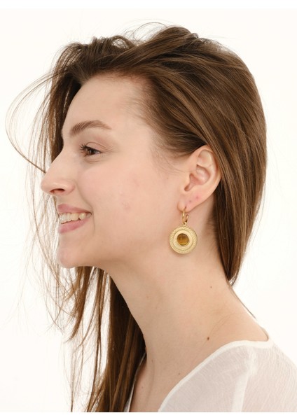 Tiana Kahverengi Doğal Taşlı 14 Ayar Altın Kaplama Çelik Kadın Küpe fırsatları