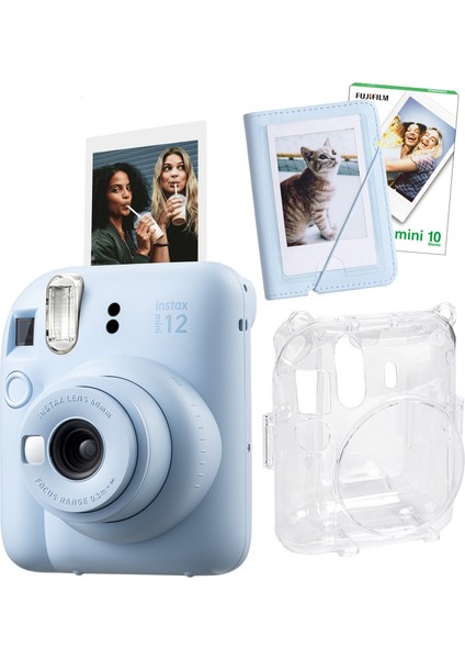 Instax Mini 12 Mavi Fotoğraf Makinesi + 10'lu Film Mini Albüm ve Şeffaf Kılıf Seti