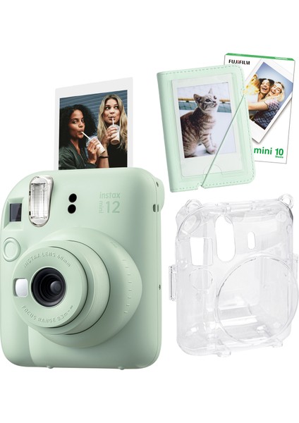Instax Mini 12 Yeşil Fotoğraf Makinesi + 10'lu Film Mini Albüm ve Şeffaf Kılıf Seti