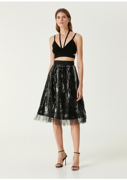 Judith Siyah Işlemeli Midi Abiye Etek