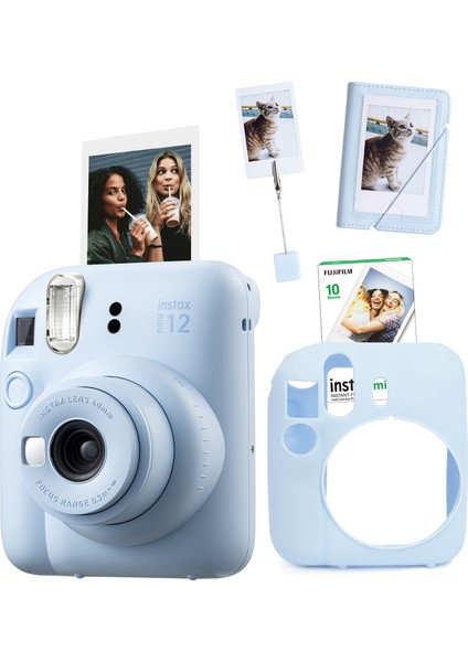 Instax Mini 12 Mavi Fotoğraf Makinesi + 10'lu Film Kıskaçlı Stand Mini Albüm ve Silikon Kılıf Seti