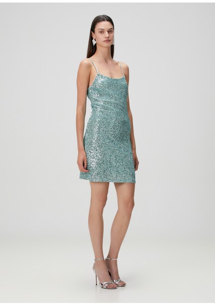 Mavi Payetli Mini Kokteyl Elbise