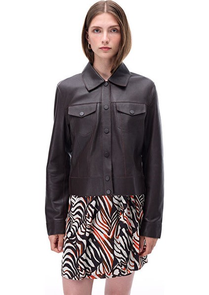 Aurens Slim Fit Kısa Boy Takma Kol Gömlek Yaka Kahverengi Ceket