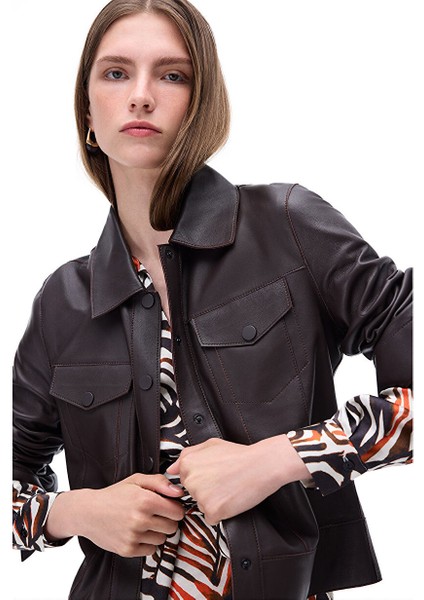 Aurens Slim Fit Kısa Boy Takma Kol Gömlek Yaka Kahverengi Ceket modelleri