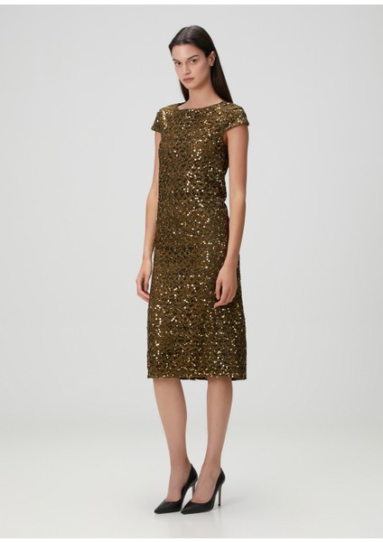 Haki Gold Payetli Midi Kokteyl Elbise