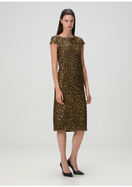 Haki Gold Payetli Midi Kokteyl Elbise fiyatları