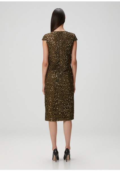 Haki Gold Payetli Midi Kokteyl Elbise fırsatları