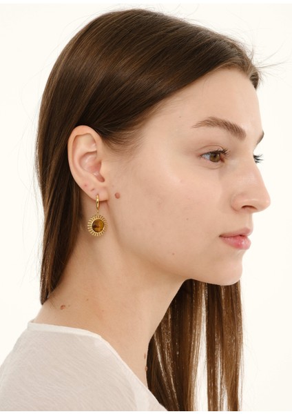 Sun Kahverengi Doğal Taşlı Çelik Kadın Küpe modelleri