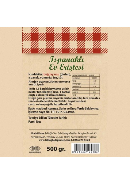 TELLİOĞLU Ispanıklı Ev Eriştesi 500 gr modelleri