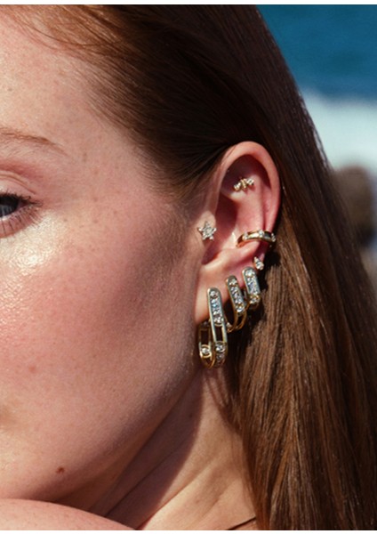 Pathra Hoop Small Pırlanta Taşlı 14 Ayar Altın Tek Kadın Küpe