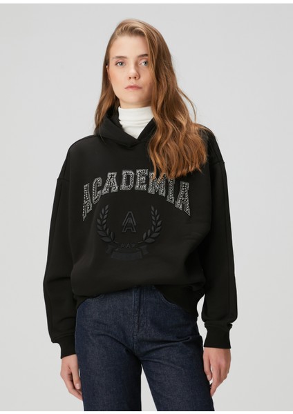 Siyah Kapüşonlu Taşlı Logolu Sweatshirt