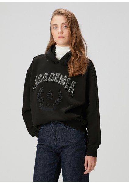 Siyah Kapüşonlu Taşlı Logolu Sweatshirt modelleri