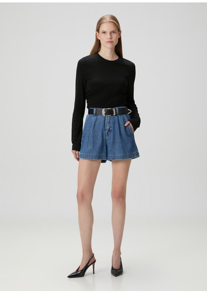 Mavi Pileli Denim Şort