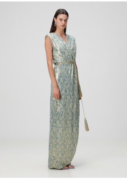 Mavi Payetli Maksi Abiye Elbise modelleri