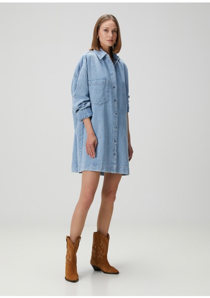 Mavi Mini Denim Gömlek Elbise