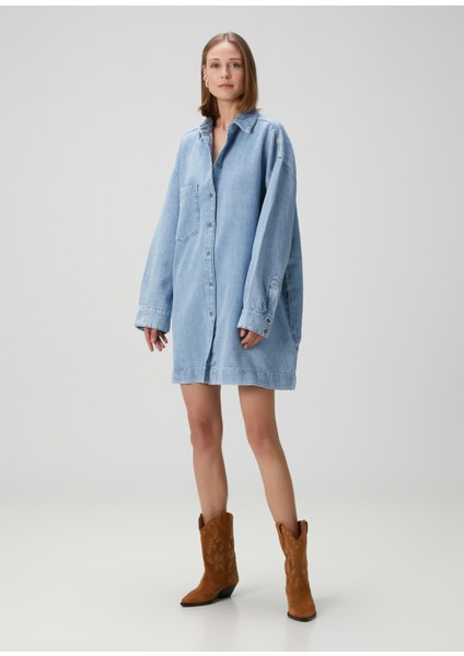 Mavi Mini Denim Gömlek Elbise modelleri