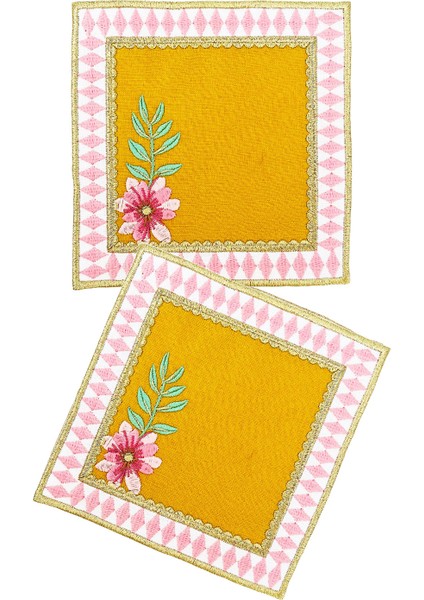 Pembe Damalı Hardal Kadife 2'li Kokteyl Peçete