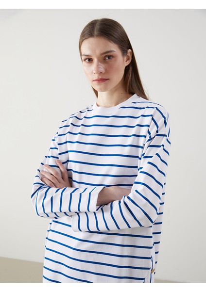 Yeni Sezon Bisiklet Yaka Çizgili Kadın Sweatshirt Tunik