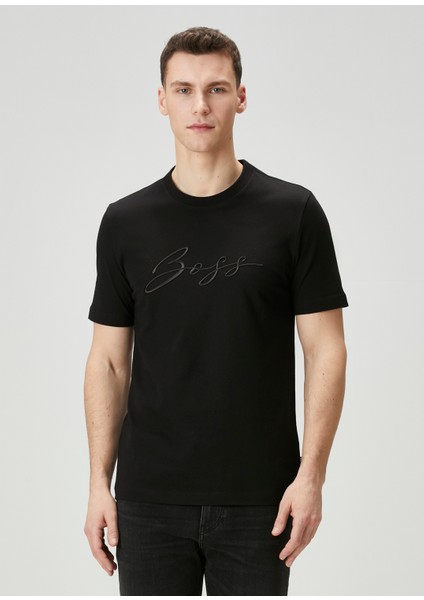 Regular Fit Siyah Logo Nakışlı T-Shirt