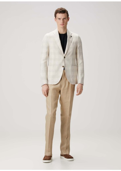 Koyu Bej Beli Kordonlu Pilili Keten Pantolon