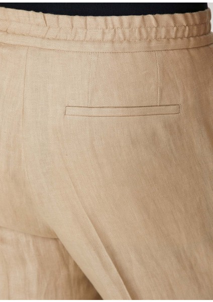 Koyu Bej Beli Kordonlu Pilili Keten Pantolon indirimleri