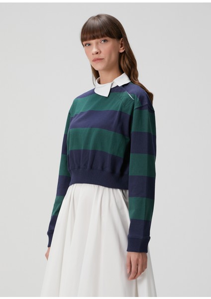 Lacivert Yeşil Çizgili Polo Sweatshirt modelleri