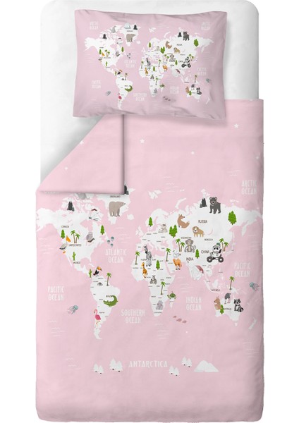 Atlas Pembe %100 Organik Pamuk Saten Tek Kişilik Çocuk Nevresim Takımı
