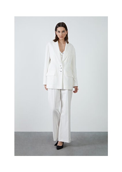 Tek Sıra Düğmeli Keten Ekru Ceket