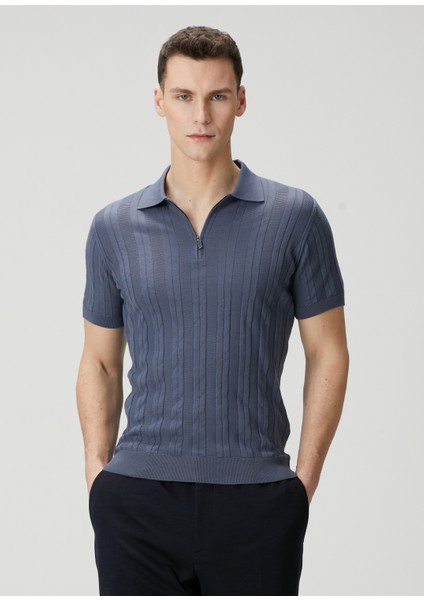 Lacivert Polo Yaka Çizgi Jakarlı Kısa Kollu Triko