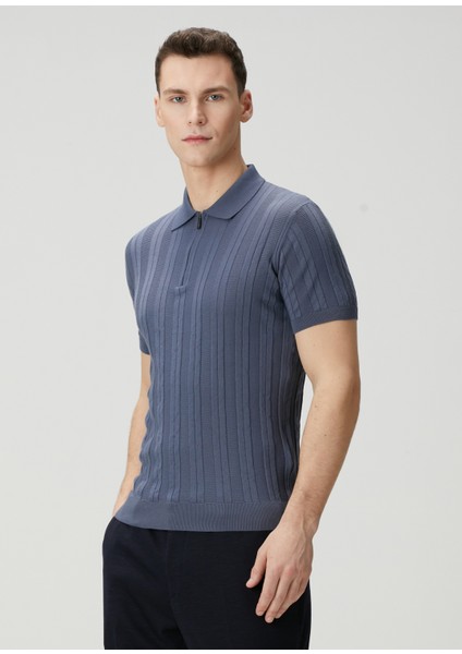 Lacivert Polo Yaka Çizgi Jakarlı Kısa Kollu Triko modelleri