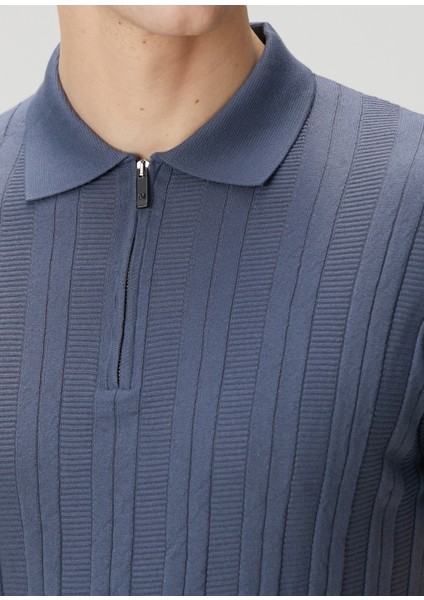 Lacivert Polo Yaka Çizgi Jakarlı Kısa Kollu Triko indirimleri