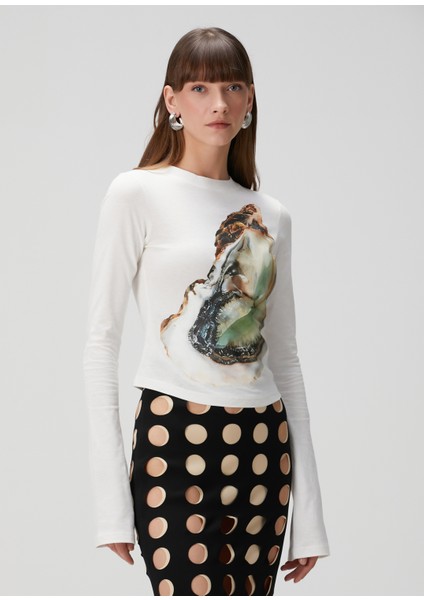 Kırık Beyaz Baskılı Uzun Kol T-Shirt