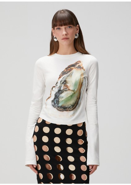 Kırık Beyaz Baskılı Uzun Kol T-Shirt modelleri