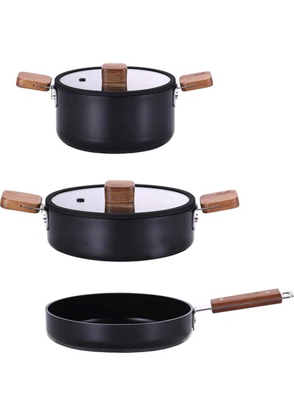 Bien Black Akasya Ağacı Sap ve Kulplu Indüksiyonlu 5 Parça Döküm Tencere ve Tava Seti