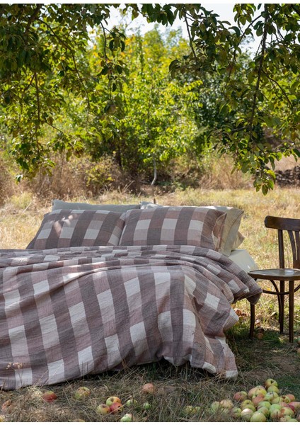 Gingham Gauze Koyu Kahve %100 Pamuk Çift Kişilik Nevresim Kılıfı 200X220
