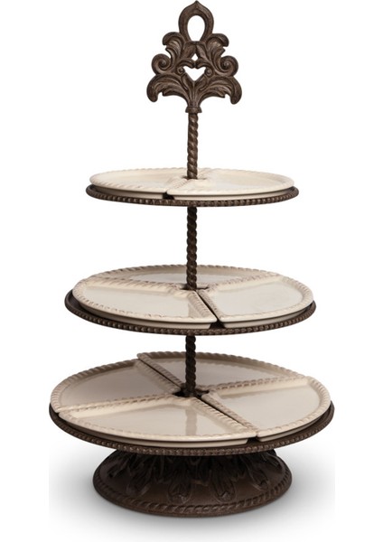 Baroque Krem Rengi Seramik 3 Katlı Servis Standı 40,6 x 40, 6 cm