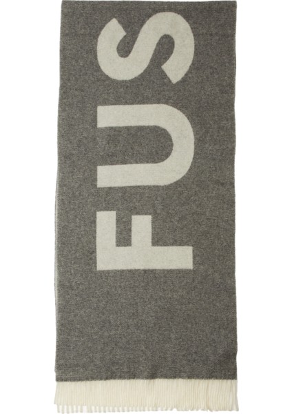 Gri Beyaz Logolu Kadın Yün Atkı