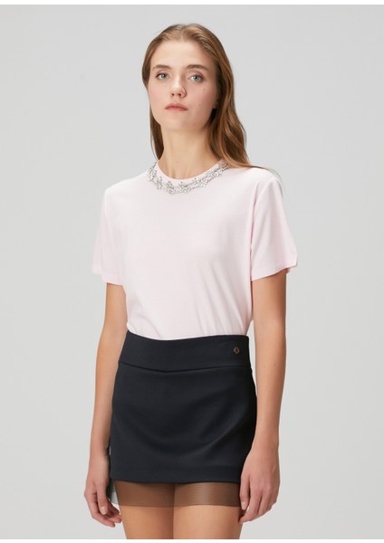 Pembe Taşlı Kısa Kollu T-Shirt