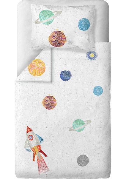 Space Planet White 100% Organik Pamuk Bebek Çocuk Nevresim Takımı 160 x 220 cm