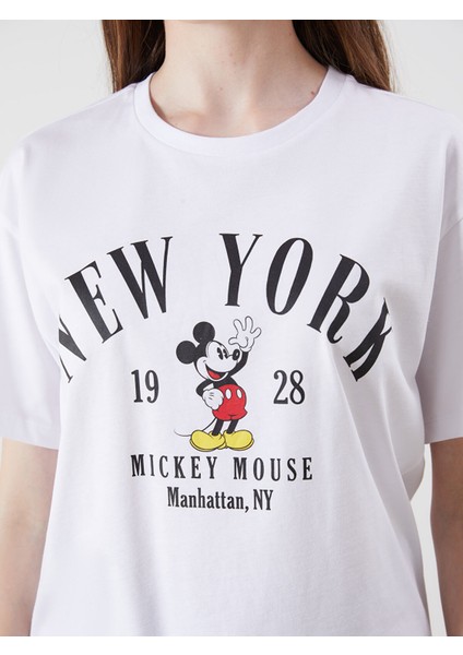 Yeni Sezon Bisiklet Yaka Mickey Mouse Baskılı Kadın Tişört modelleri