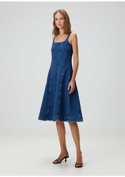 Roboli Lacivert Midi Denim Elbise